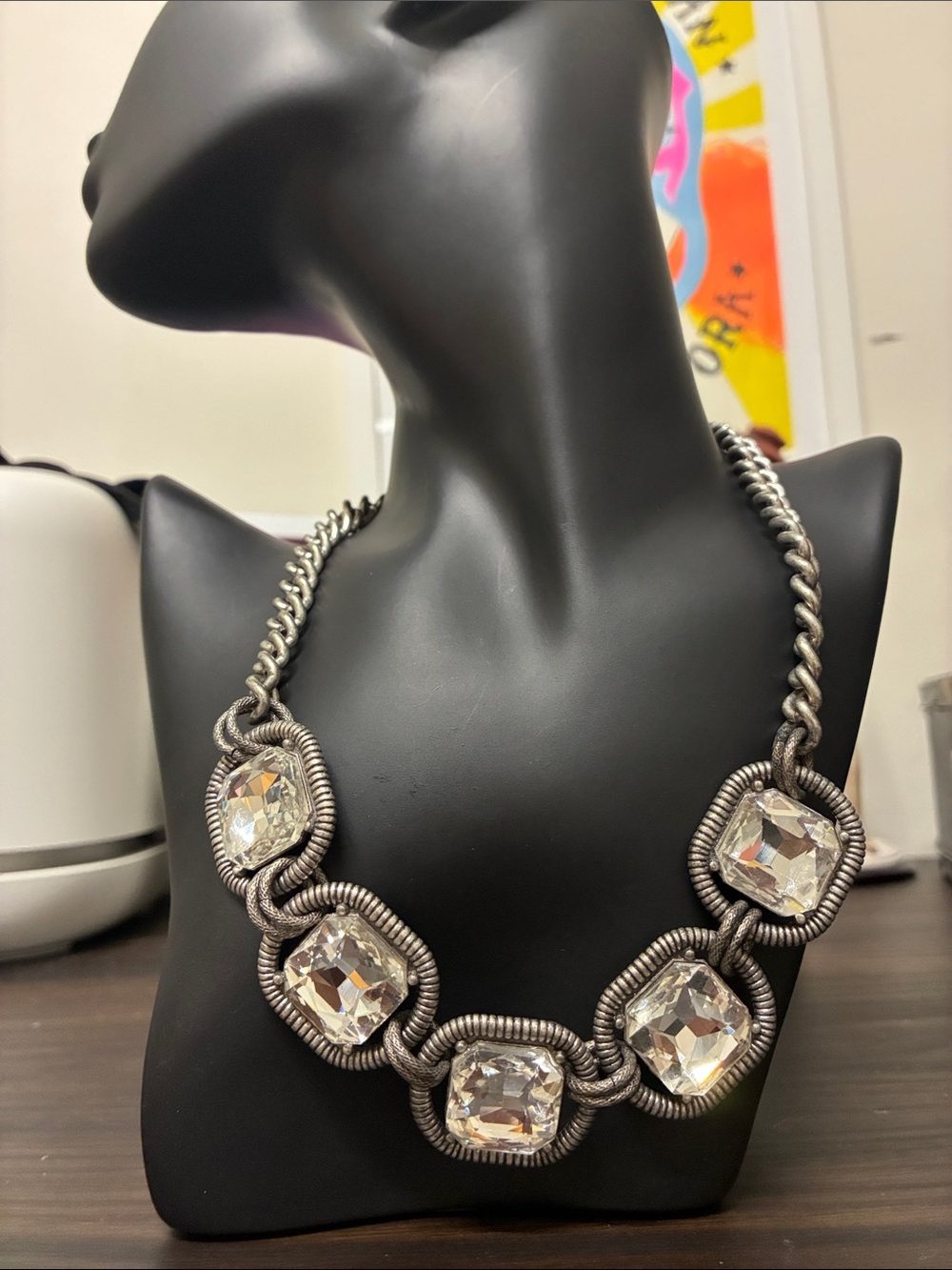90s Gothic Revival Statement Gunmetal Necklace with Clear Crystal Stones